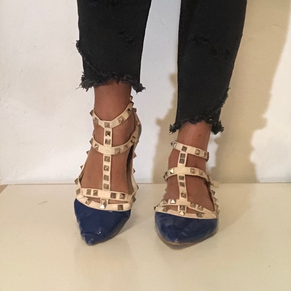 Blue / beige Vynil studded flats sz. 7 - Picture 5 of 13